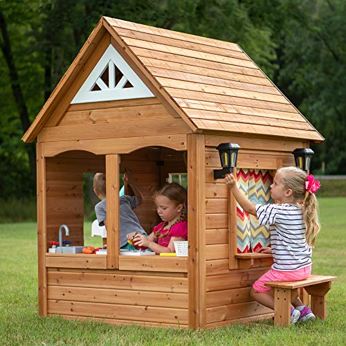 Cedar Wooden Kids Playhouse Cottage with Play Kitchen L135692