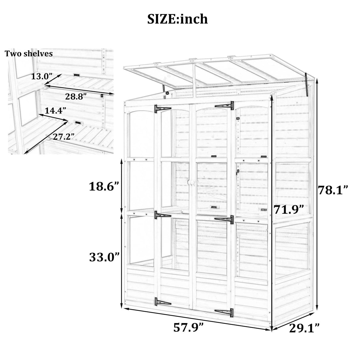 57.9"W x 29.1"D x 78.1"H Polycarbonate Greenhouse with Folding Shelves and Windows P564366