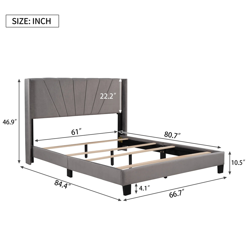 Queen Velvet Upholstered Platform Bed Frame with Headboard T1754