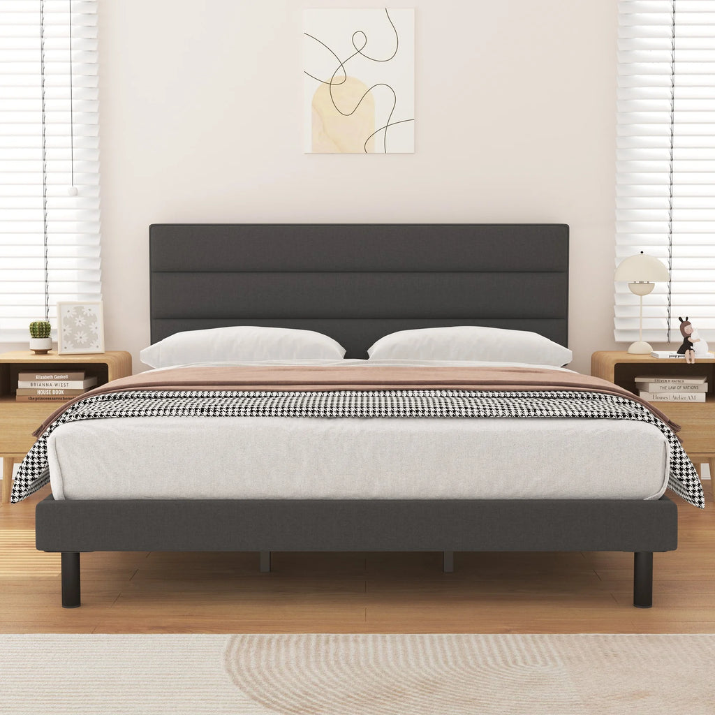 King Size Wingback Fabric Upholstered Platform Bed Frame F536418