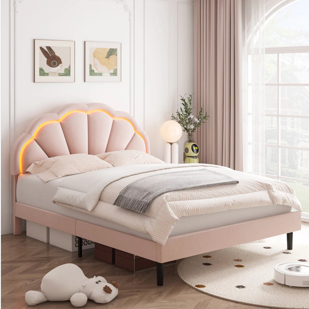 Twin Size Off-White Velvet Upholstered Platform Bed with Adjustable Headboard V55352