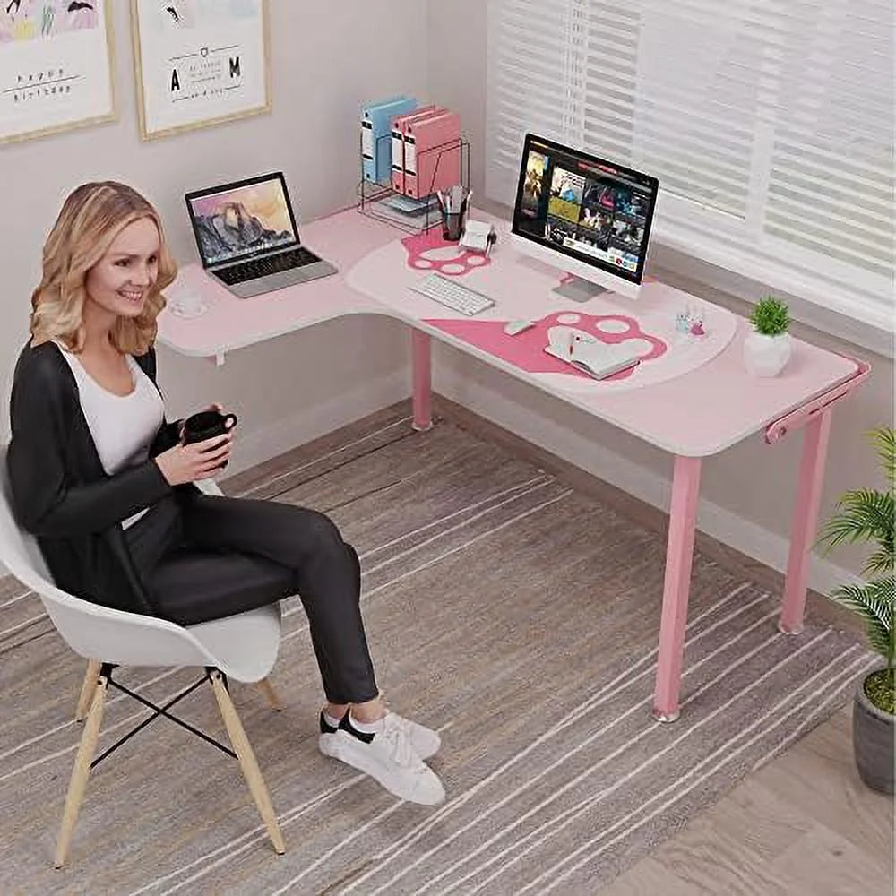 61 Inch L Shaped Pink Gaming Desk with Mousepad C29164