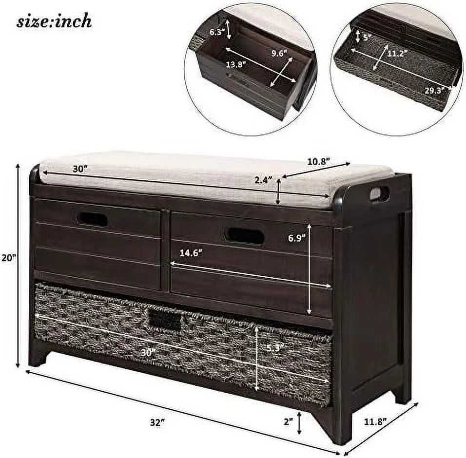 Black 3 Drawer 3 Basket Wooden Ottoman Bench O43612