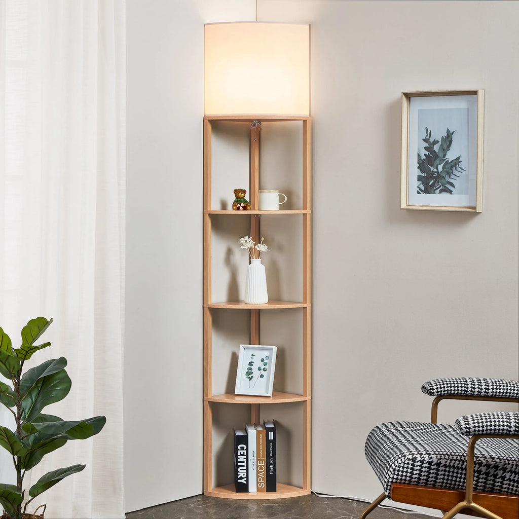 Tall Modern Corner Floor Lamp with Shelves, Natural Wood, 72 P762519