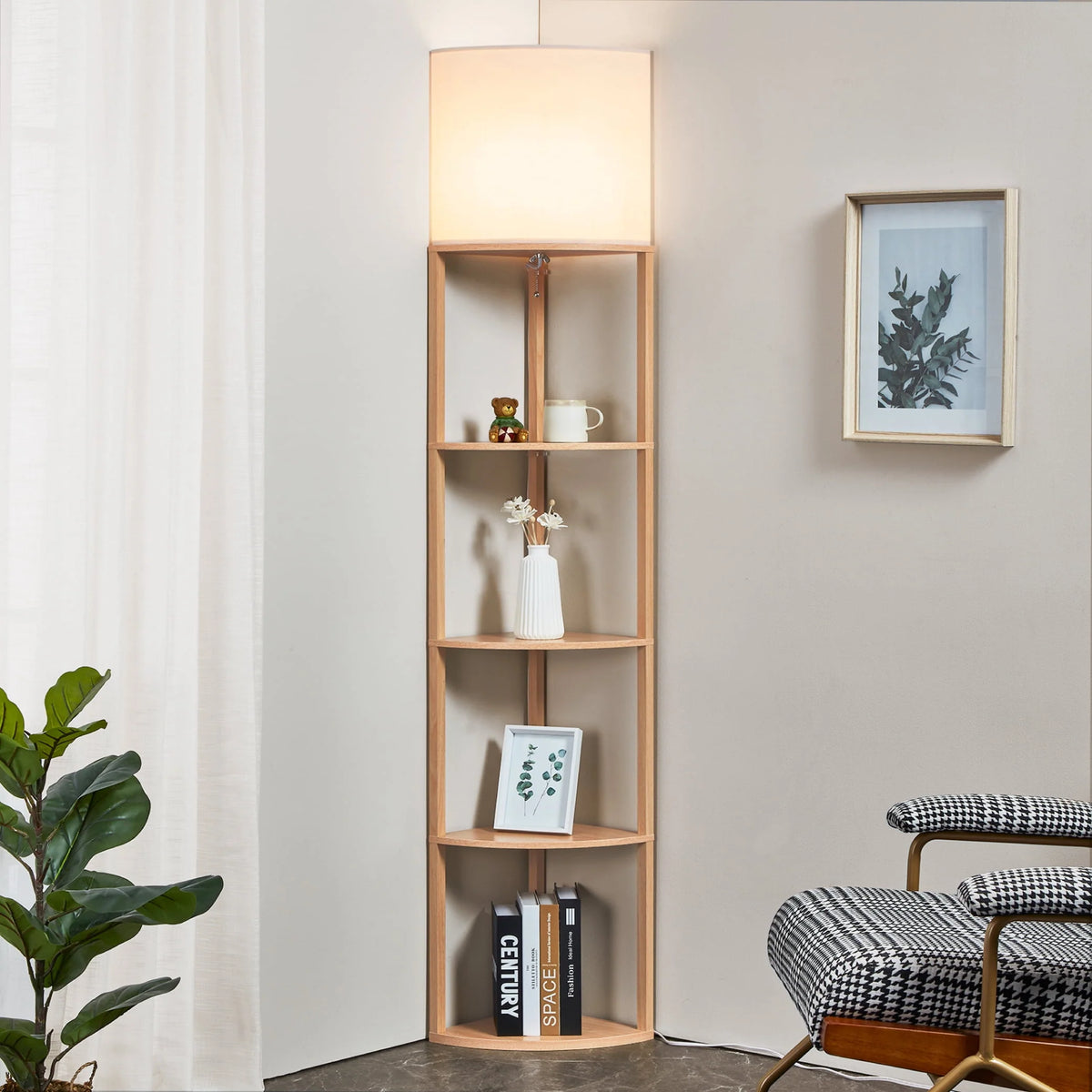 Tall Modern Corner Floor Lamp with Shelves, Natural Wood, 72 P762519