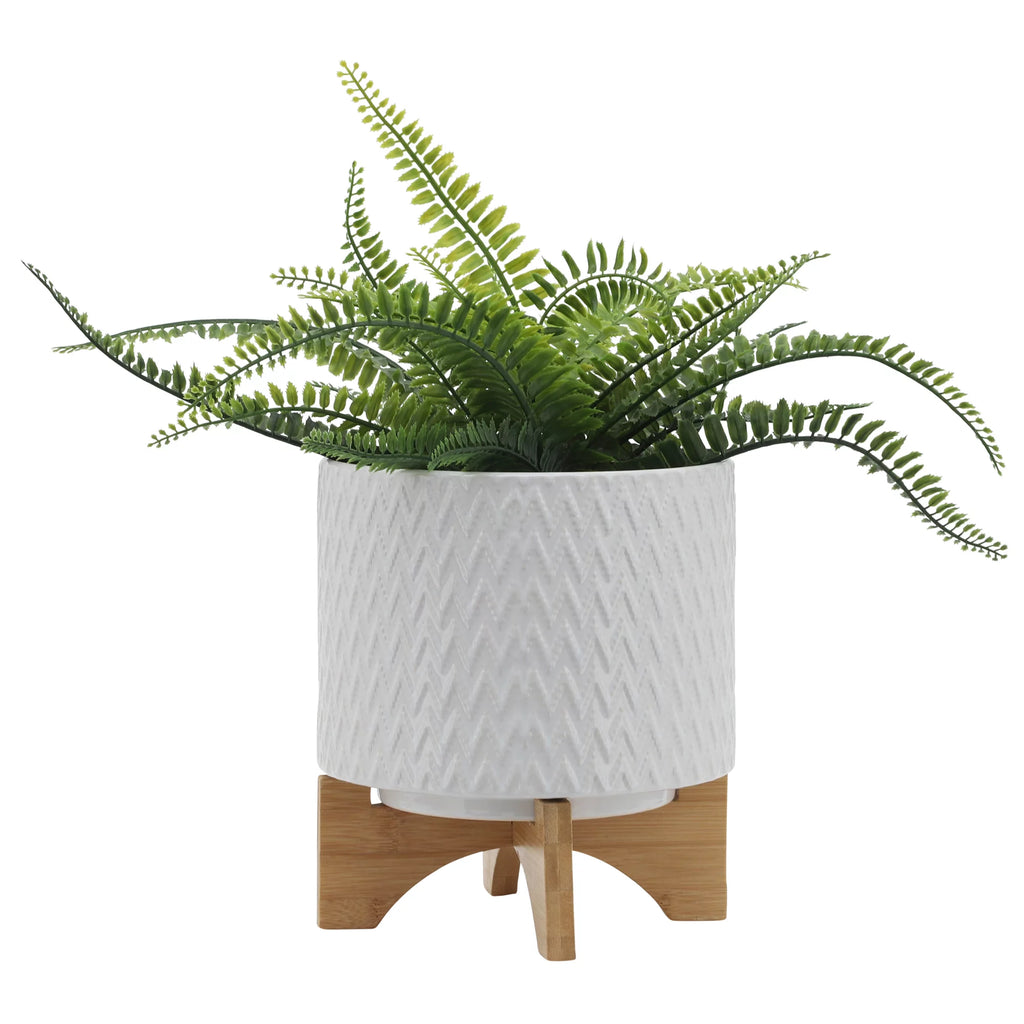 White Ceramic Chevron Planter With Stand G495110