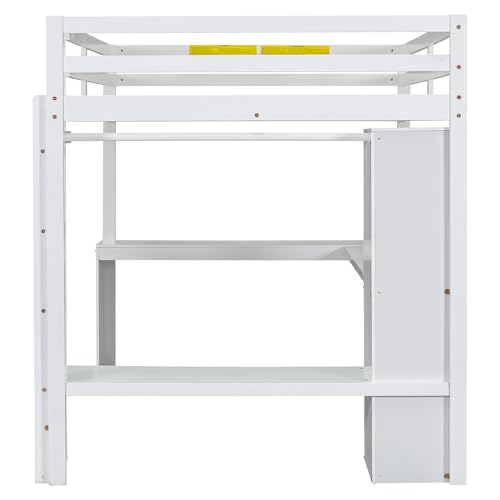 Full Size White Pine Wood Loft Bed with L Shaped Desk and Wardrobe P659174