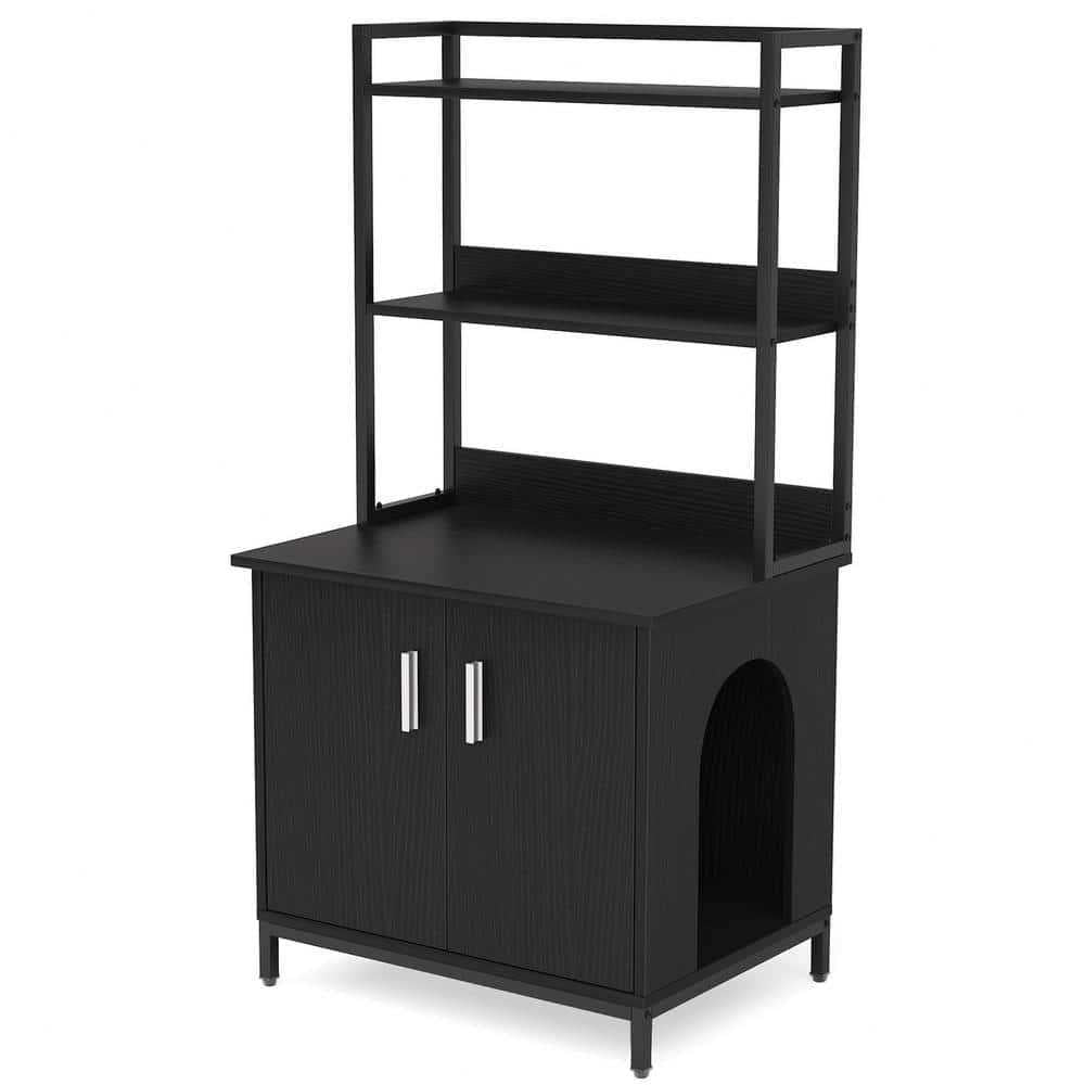 Black Litter Box Enclosure with Shelves and Doors J95820