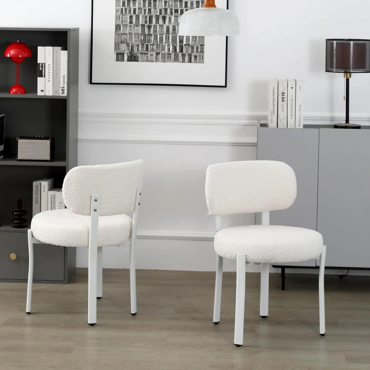 White Set of 6 Upholstered Boucle Dining Chairs V5581