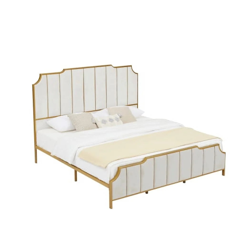 King Size Velvet White Upholstered Platform Bed Frame S8298