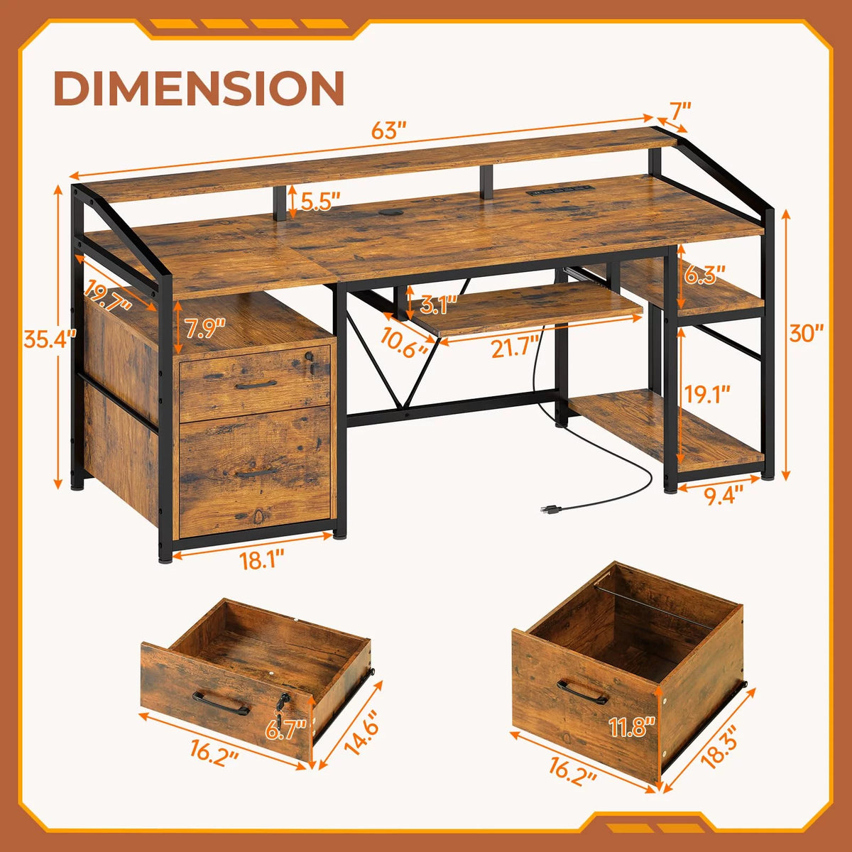 Computer Desk with LED Light and Power Outlet, 63 inches Gaming Desk with Lock Drawers P28089