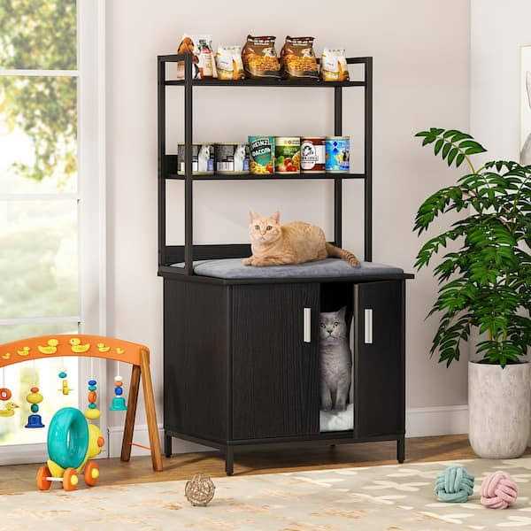 Black Litter Box Enclosure with Shelves and Doors J95820