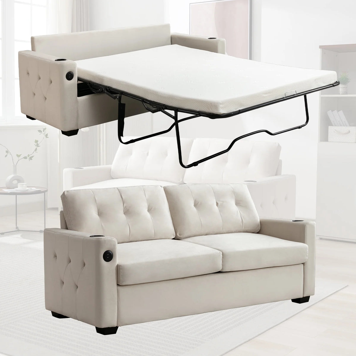 2-in-1 Convertible Sleeper Sofa Bed Full Size Daybed with Memory Foam Mattress E743018