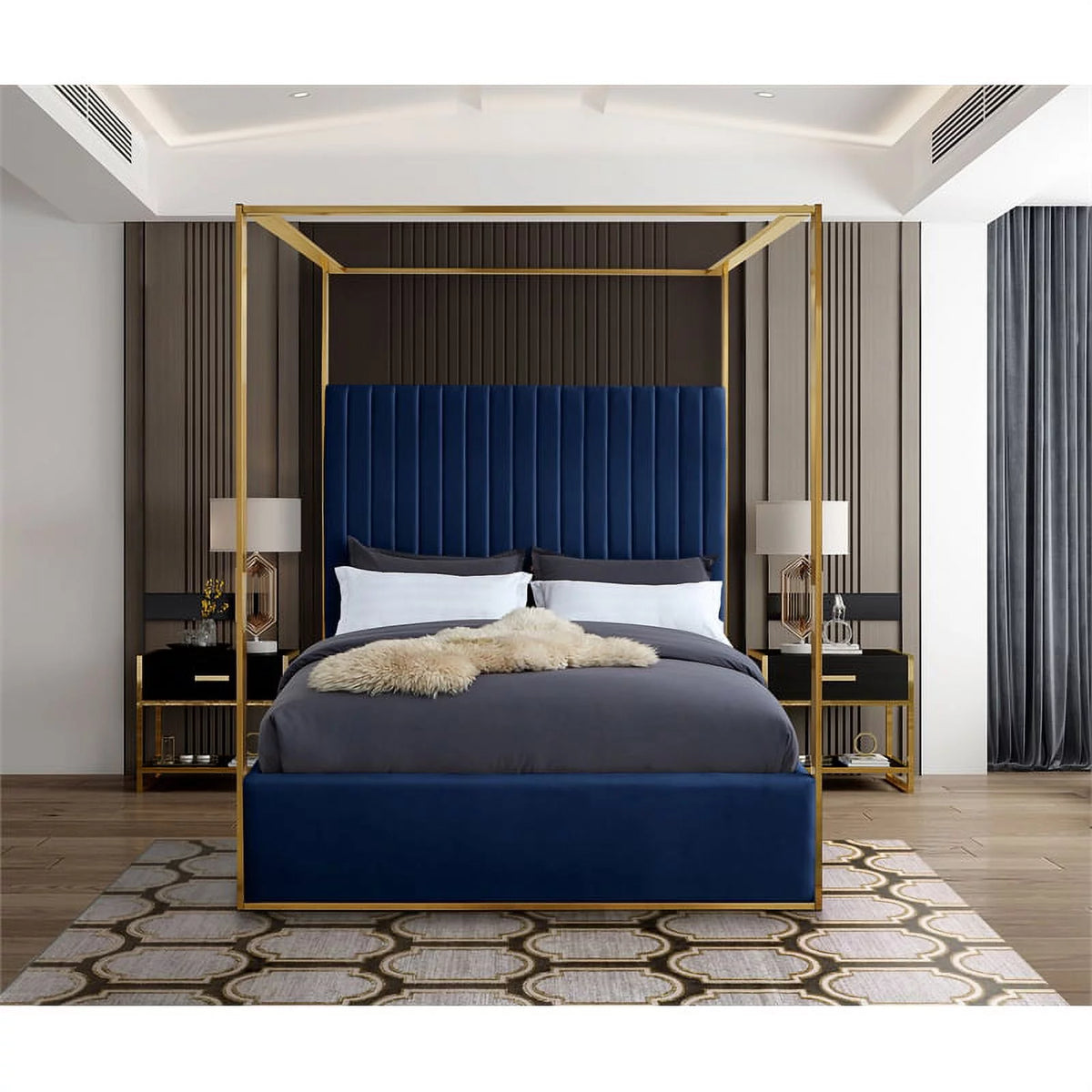 Navy Velvet Queen Bed A353141