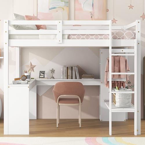 Full Size White Pine Wood Loft Bed with L Shaped Desk and Wardrobe P659174