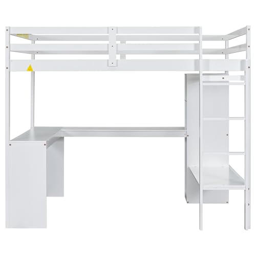 Full Size White Pine Wood Loft Bed with L Shaped Desk and Wardrobe P659174